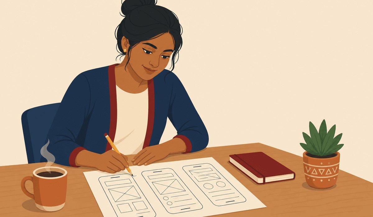Business owner sketching an app idea on paper