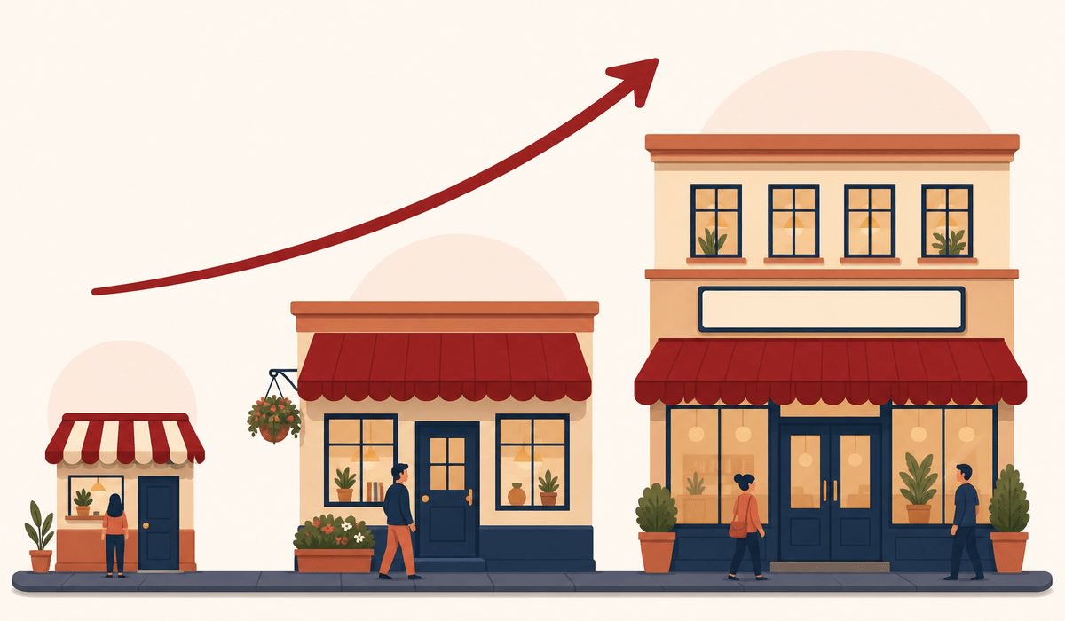 A small storefront growing larger across three stages, symbolizing budget growth