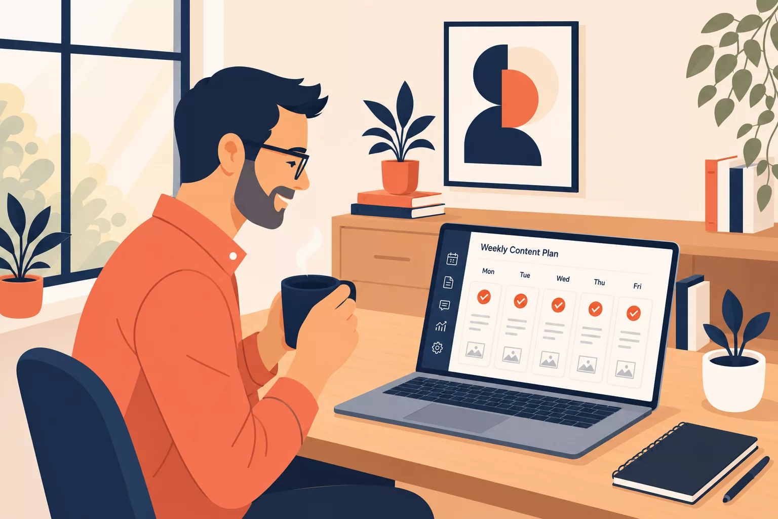 Smarteer-style illustration of batching a week of LinkedIn posts in one focused session