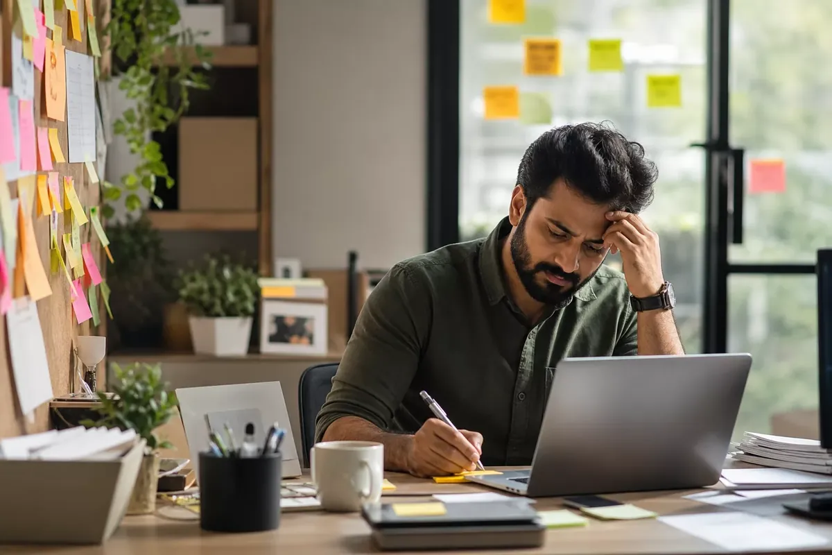 Business owner overwhelmed by day-to-day work while marketing tasks pile up