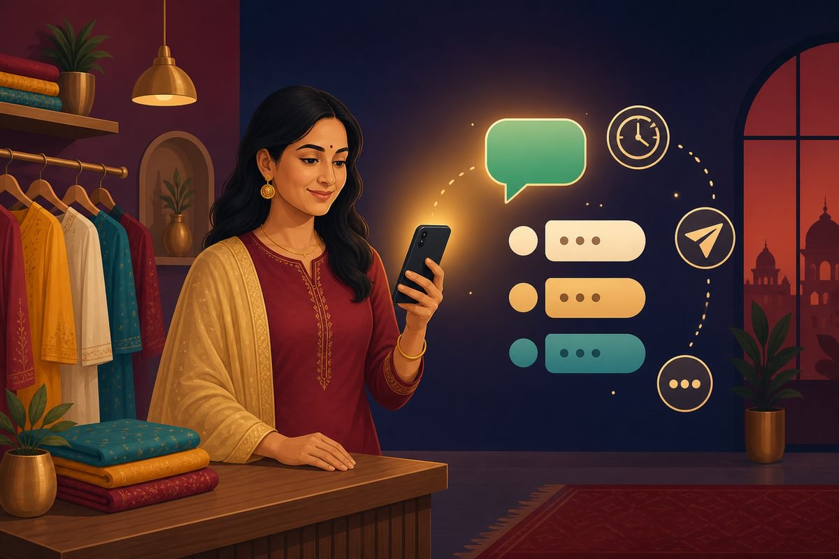 A small shop owner using WhatsApp automation for customer replies