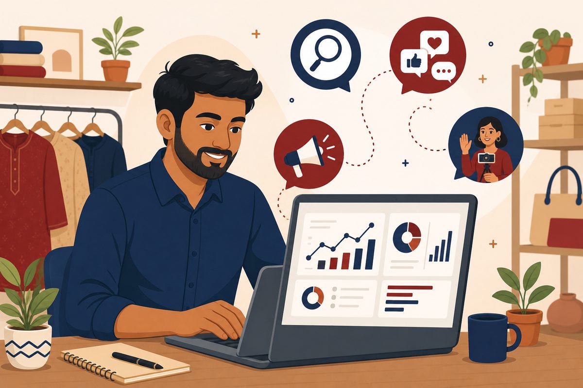 Small business owner reviewing a marketing dashboard across channels