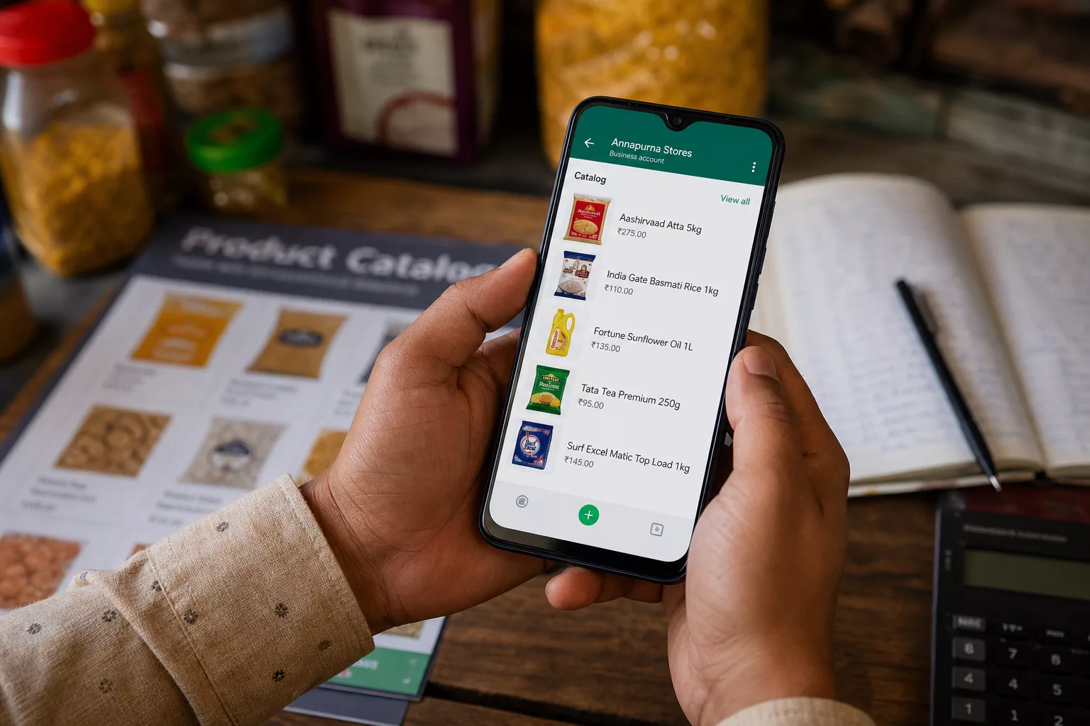 WhatsApp Business product catalogue on a phone in an Indian small business